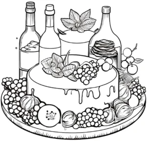 malvorlage-kuchen-mit-fruechten-und-getraenken