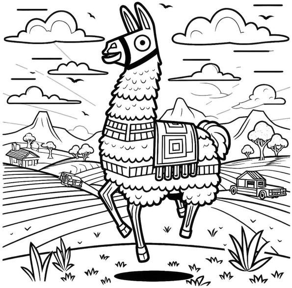 malvorlage-lama-in-laendlicher-landschaft