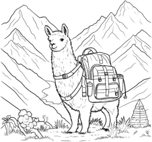 malvorlage-lama-mit-rucksack-in-berglanschaft