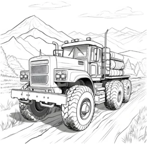 malvorlage-lastwagen-in-natur-mit-bergen-und-baeumen