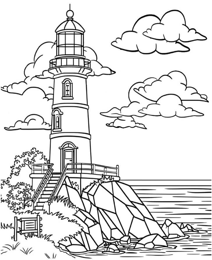 malvorlage-leuchtturm-an-der-kueste-mit-wolken-und-wasser