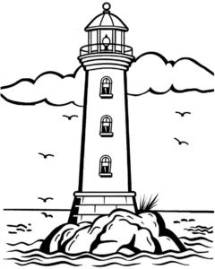 malvorlage-leuchtturm-auf-felsen-mit-wasser-und-wolken