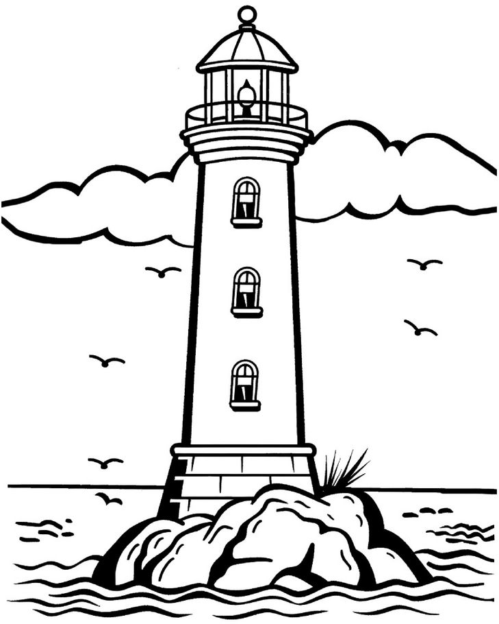 malvorlage-leuchtturm-auf-felsen-mit-wasser-und-wolken