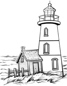 malvorlage-leuchtturm-mit-holzhaus-und-meer