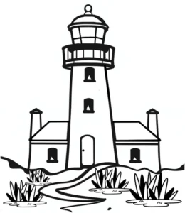 malvorlage-leuchtturm-umgeben-von-pflanzen