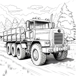 malvorlage-lkw-im-wald-mit-baumstaemmen