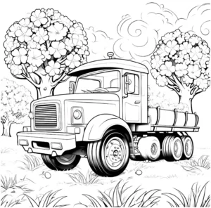 malvorlage-lkw-in-der-natur-mit-bluehenden-baeumen