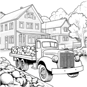 malvorlage-lkw-mit-aepfeln-in-laendlicher-szene