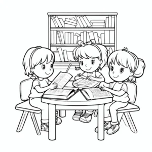 malvorlage-maedchen-beim-lesen-in-der-bibliothek