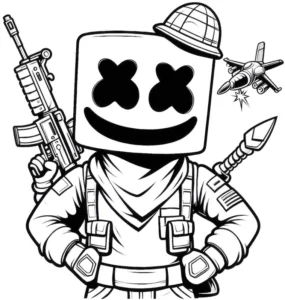 malvorlage-marshmallow-soldat-mit-waffen-und-abenteuer-elementen