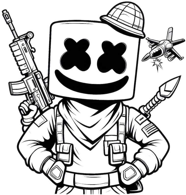 malvorlage-marshmallow-soldat-mit-waffen-und-abenteuer-elementen