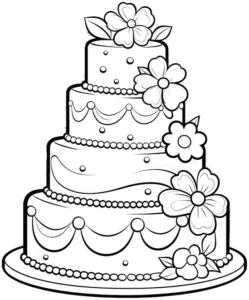 malvorlage-mehrstoekiger-kuchen-mit-blumen-fuer-geburtstagsfeiern