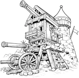 malvorlage-mittelalterliche-belagerungswaffe-mit-kanonen-und-turm