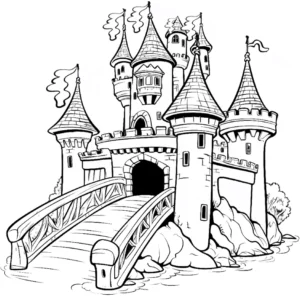 malvorlage-mittelalterliches-schloss-mit-bruecke-und-tuermen