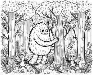 malvorlage-monster-im-wald-mit-feen-und-pflanzen