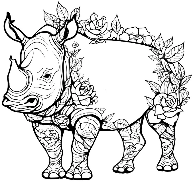 malvorlage-nashorn-blumen-mit-ausmalen