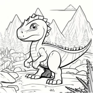 malvorlage-niedlicher-dinosaurier-in-fantastischer-landschaft