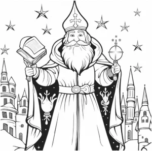 malvorlage-nikolaus-mit-buch-und-stab-in-sterne-umgeben