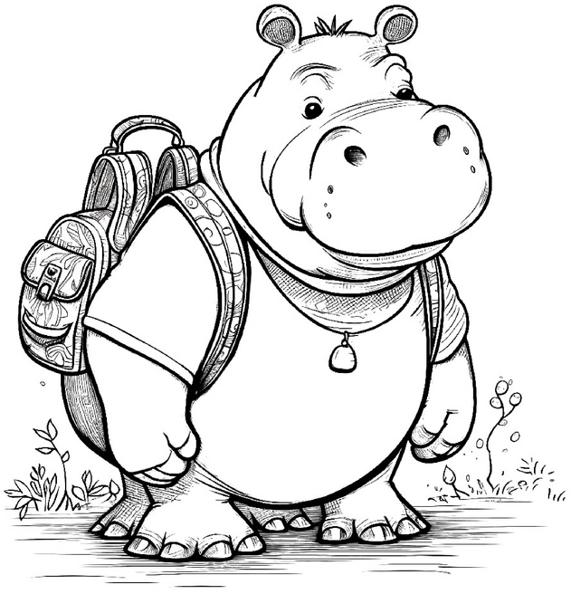 malvorlage-nilpferd-mit-rucksack