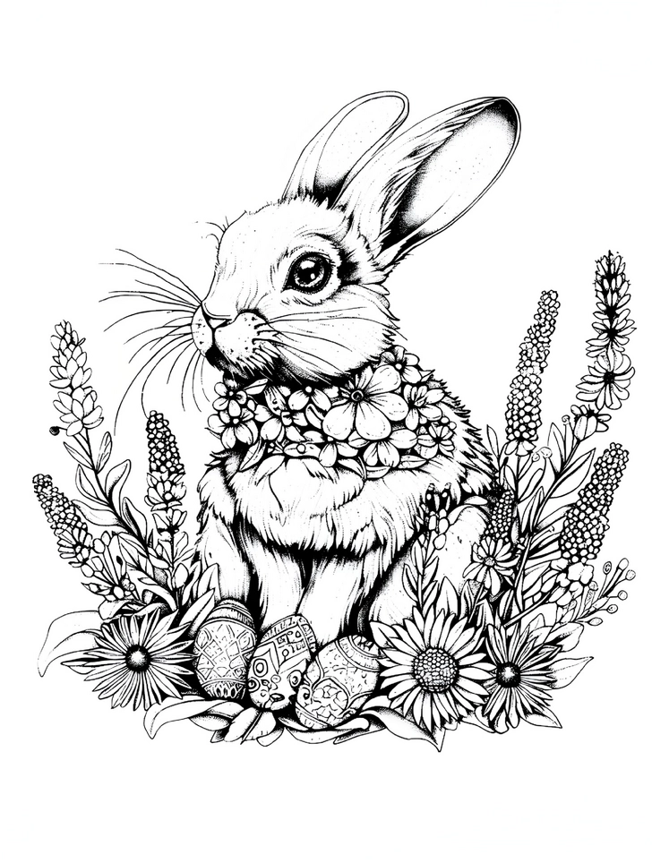malvorlage-osterhase-mit-blumen-und-eiern