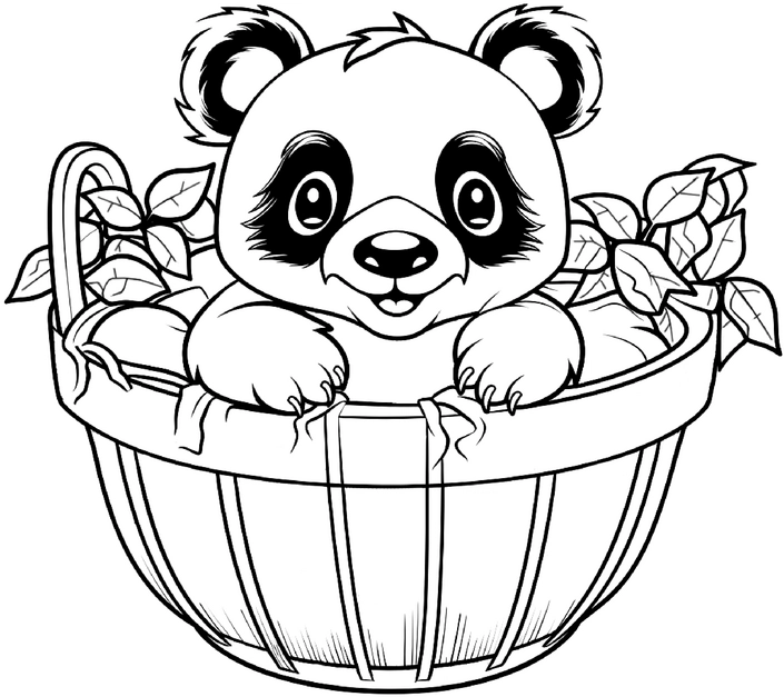 malvorlage-panda-im-korb-mit-pflanzen