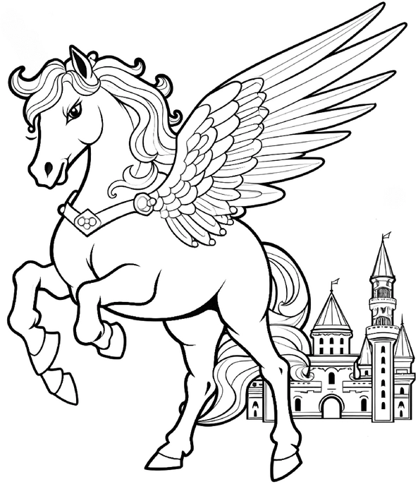 malvorlage-pegasus-mit-schloss-zum-ausmalen