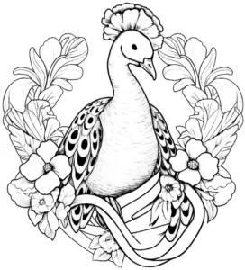 malvorlage-pfau-mit-blumen-und-band