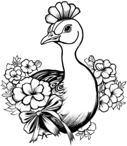 malvorlage-pfau-mit-blumen-und-band