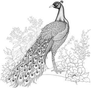 malvorlage-pfau-mit-pflanzen-hintergrund
