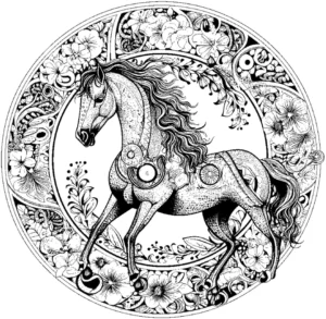 malvorlage-pferd-in-floraler-umgebung
