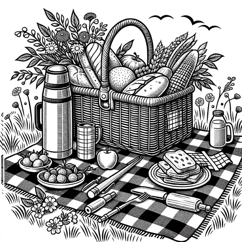 malvorlage-picknickkorb-lebensmittel-blumen