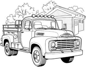 malvorlage-pickup-auto-in-idyllischer-landschaft