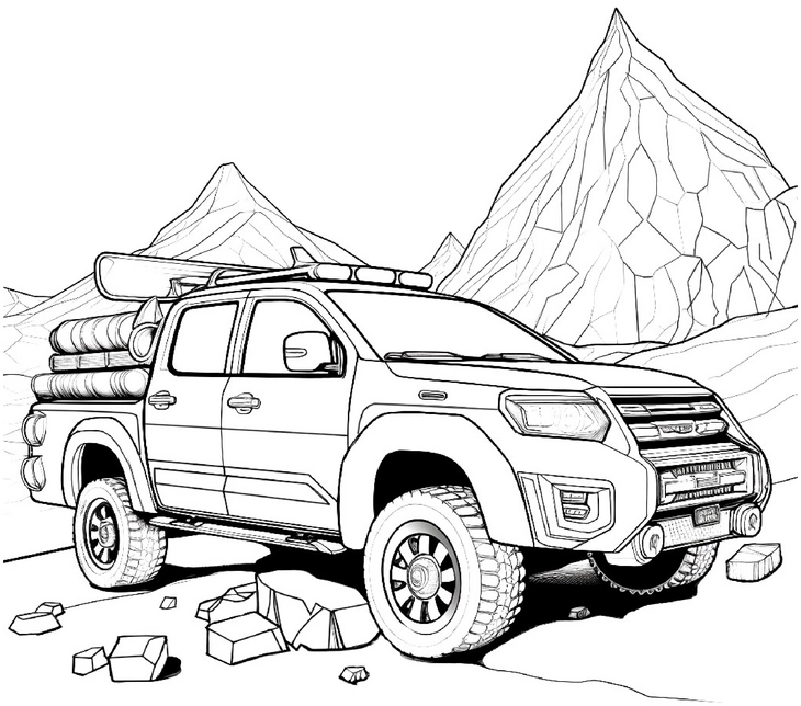 malvorlage-pickup-truck-natur-mit-bergen