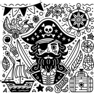 malvorlage-pirat-mit-schiff-und-symbolen