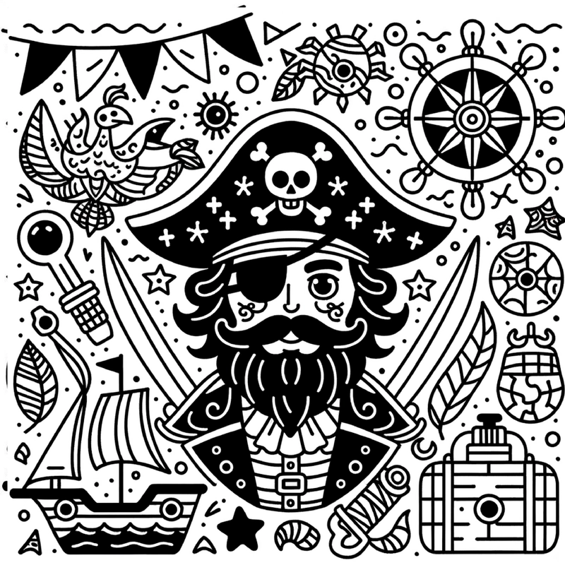 malvorlage-pirat-mit-schiff-und-symbolen