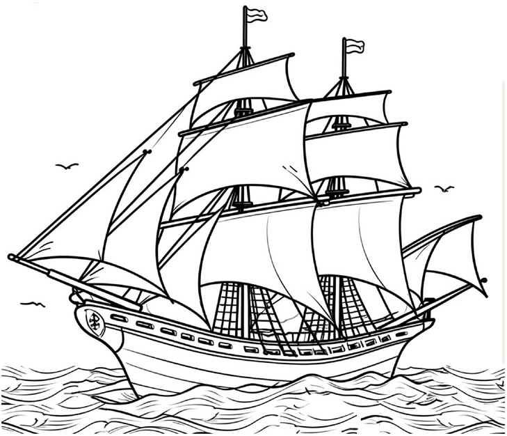 malvorlage-piratenschiff-mit-segeln-und-wellen