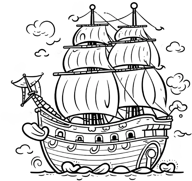 malvorlage-piratenschiff-mit-wellen-und-wolken