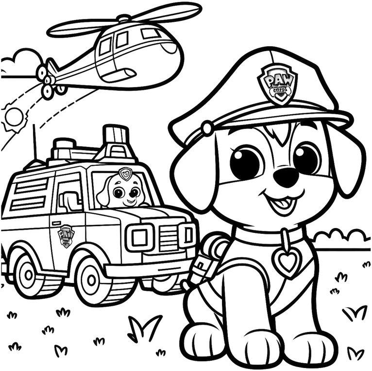 malvorlage-polizei-hund-hubschrauber-einsatzfahrzeug