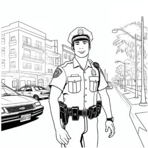 malvorlage-polizist-in-stadt-mit-gebaeuden