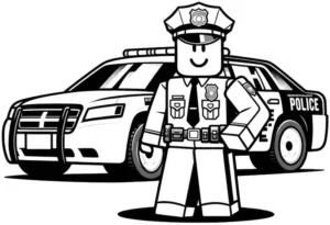 malvorlage-polizist-vor-polizeiauto-ausmalbild