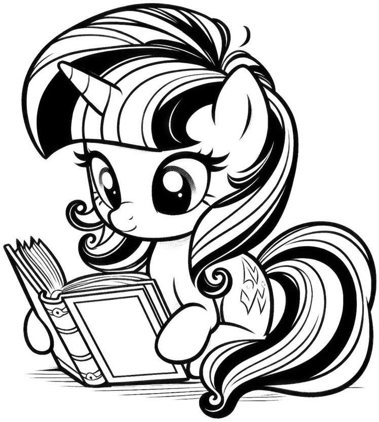 malvorlage-pony-mit-buch-fuer-kreative-ausmalstunden