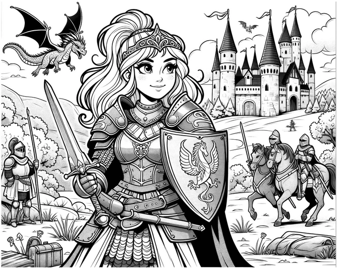 malvorlage-prinzessin-drachen-burg-ausmalen