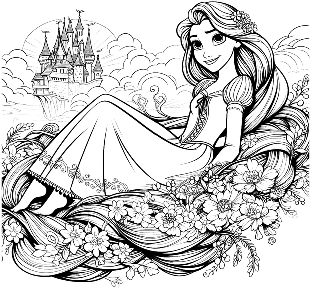 malvorlage-prinzessin-im-blumenmeer-mit-schloss