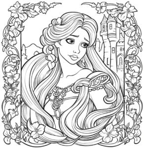 malvorlage-prinzessin-im-blumenrahmen-mit-burg
