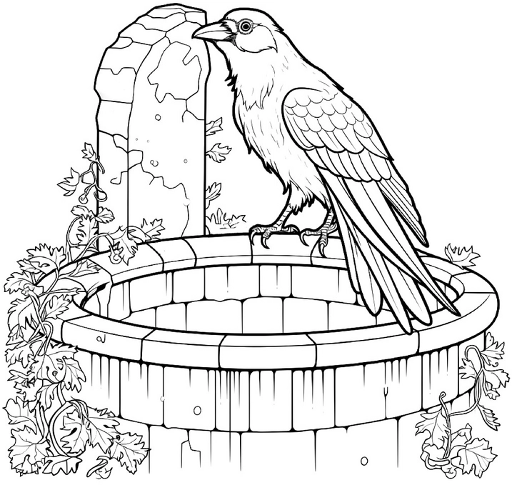 malvorlage-rabe-am-brunnen-mit-pflanzen