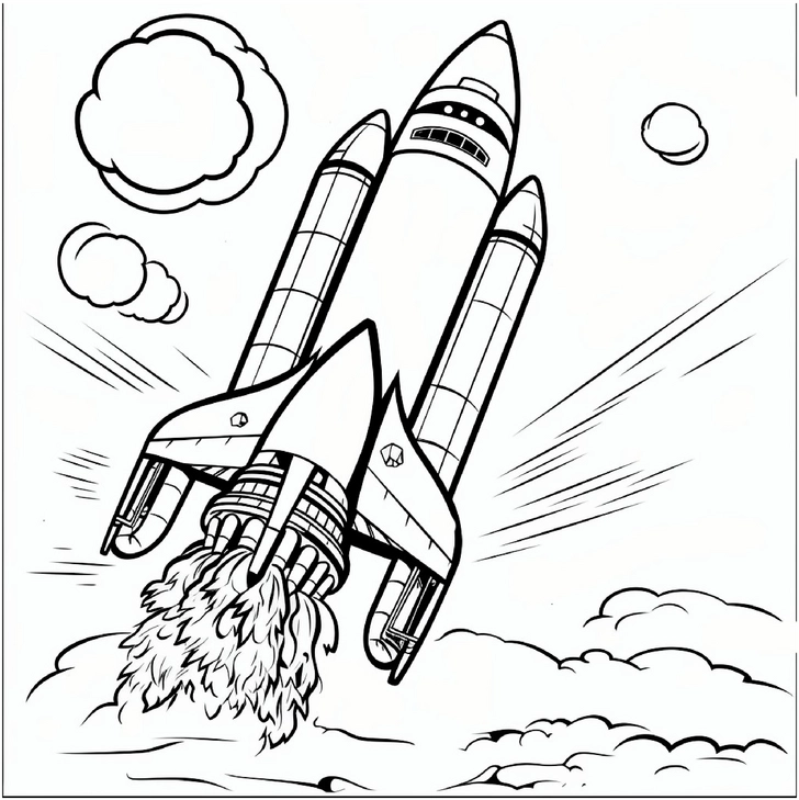 malvorlage-rakete-im-himmel-ausmalbild