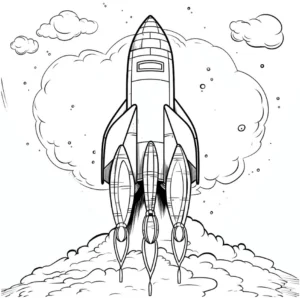 malvorlage-rakete-im-weltall-mit-wolken