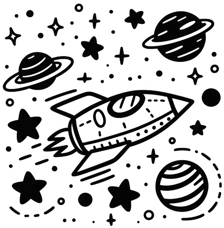 malvorlage-raumschiff-im-weltall-mit-planeten-und-sternen