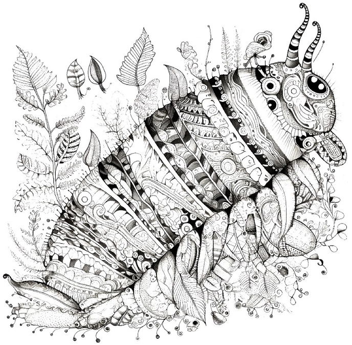malvorlage-raupe-mit-pflanzen-und-mustern