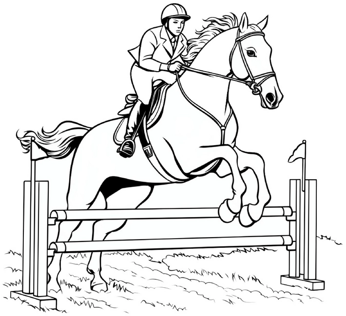 malvorlage-reiter-springendes-pferd-ueber-hindernis